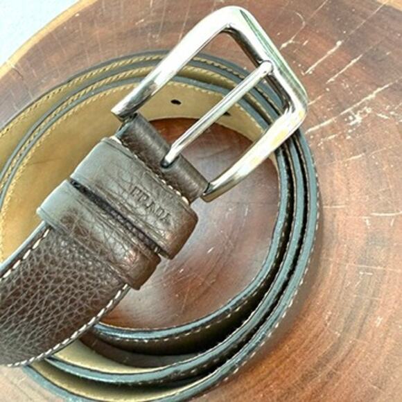 PRADA Pebbled Leather Belt Brown White Stitching Silver Buckle 115/46 Italy - Picture 8 of 8